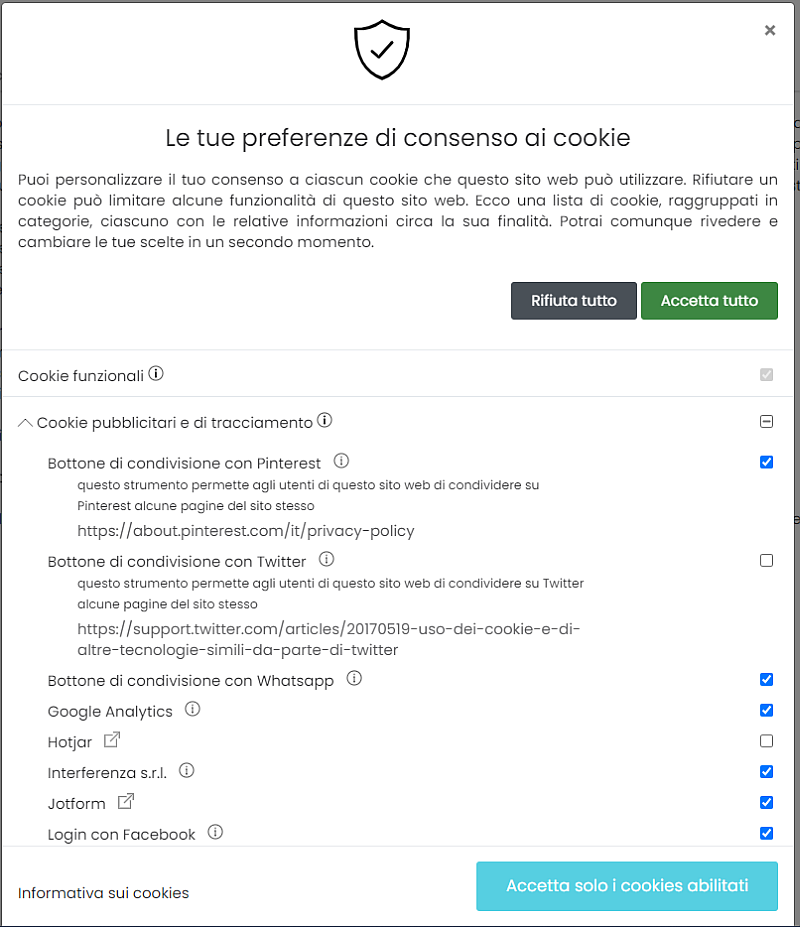 Consenso cookie selettivo