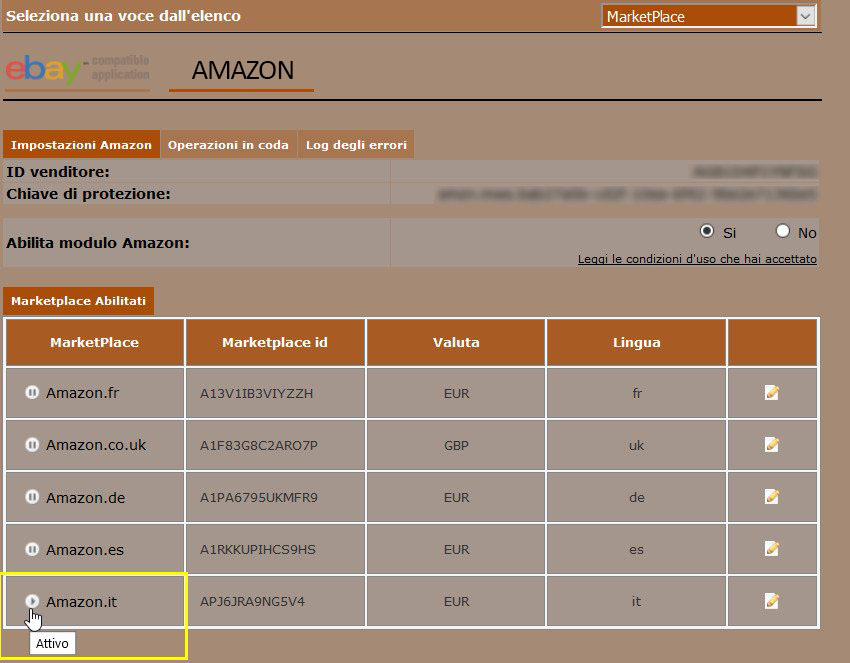 Scelta dei marketplace Amazon