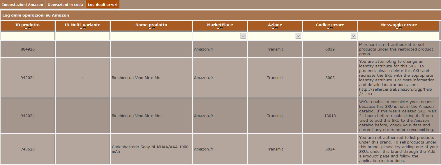 Log degli errori Amazon