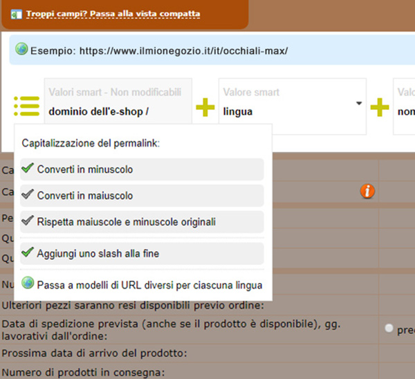 impostazioni avanzate per la personalizzazione URL