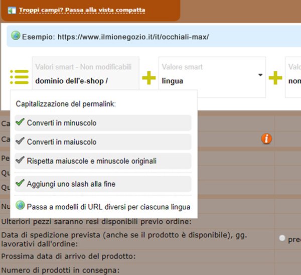 impostazioni avanzate per la personalizzazione URL