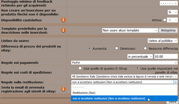 Spedizione gratuita ed impostazioni