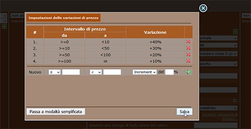 Impostare ricarichi differenti, per fasce di prezzo, nei profili di importazione dati 9