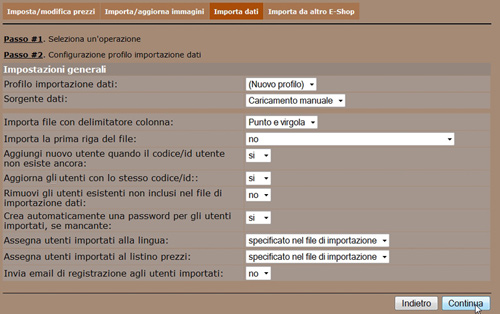 Newcart importazioni dati impostazioni generali