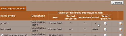 Necart riepilogo ultima importazione dati