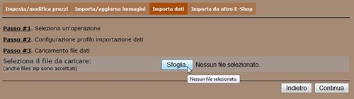 Newcart importazione dati seleziona il file da caricare